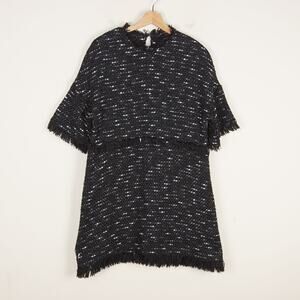 Zara Black Tweed Fringed Hems Half Sleeved Mini Dress Womens Sz L